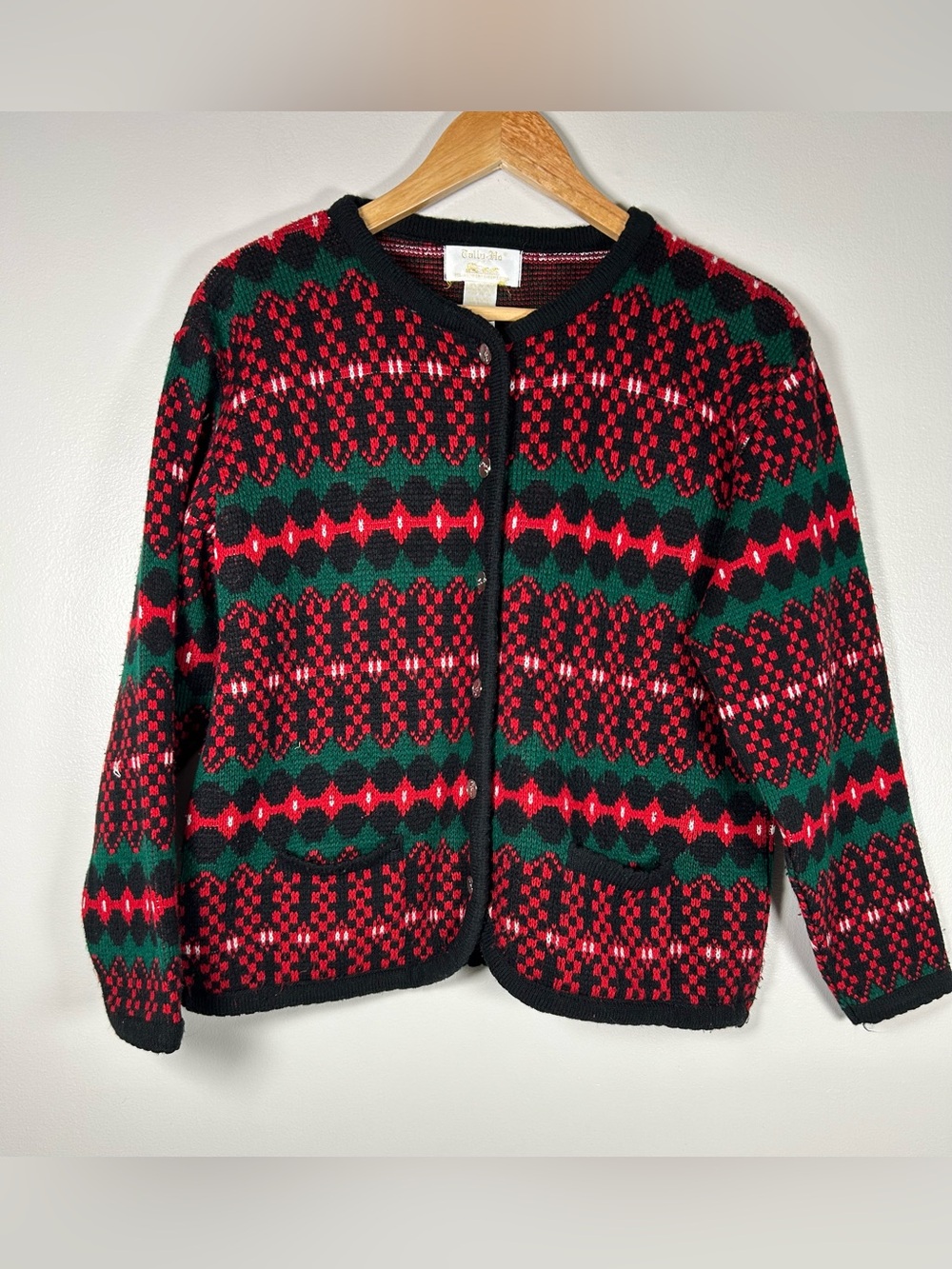 Vintage Tally Ho Christmas Cardigan Sweater | Nordic Fair Isle Red & Green